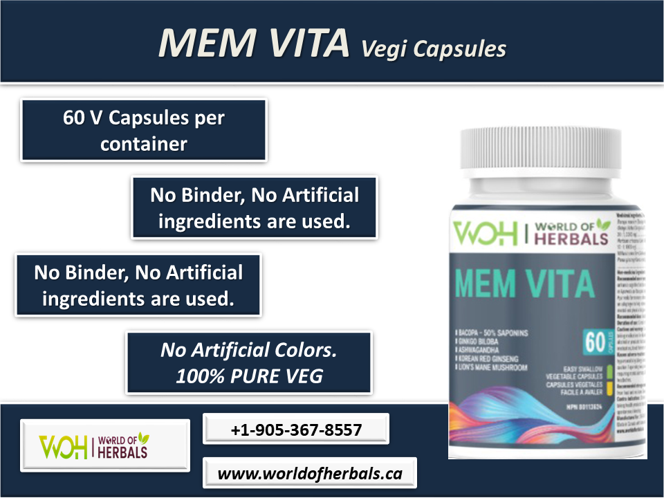 Mem Vita Ayurvedic Capsules for Stress, Anxiety, Depression. Made in Canada